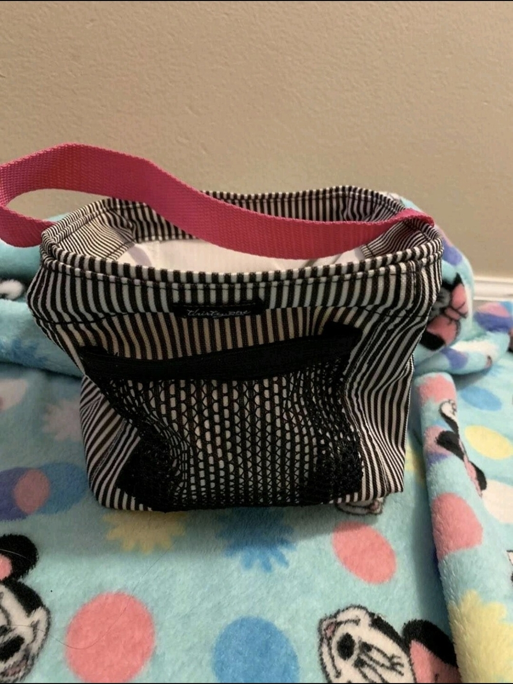 Thirty- One Carry All Caddy Striped Canvas Tote with Pink Handle